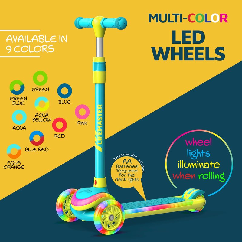 Lifemaster 3-Wheel Kids Scooter with Multi-Color Lights on Deck & Wheels – 5-Height Handlebar, Wide Anti-Slip Deck, Child Safety Certified, Boys & Girls Ages 3+ Supports Up to 150 lbs, Aqua Yellow