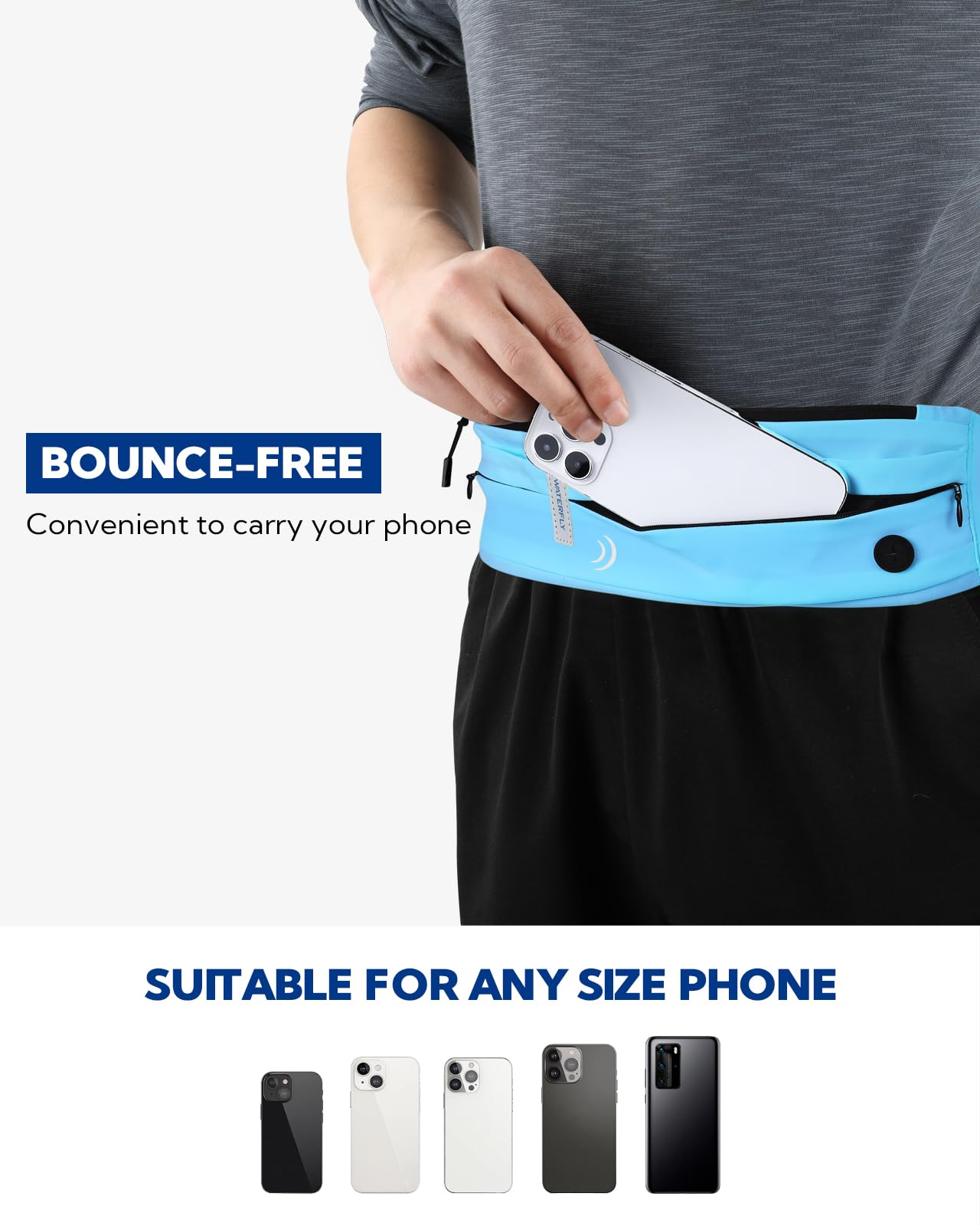 WATERFLY Running Belt Fanny Pack: Runner Marathon Jogging Waist Pack Sport Workout Exercise Fitness Phone Holder Belt for Men Women Jogger Slim Waistband