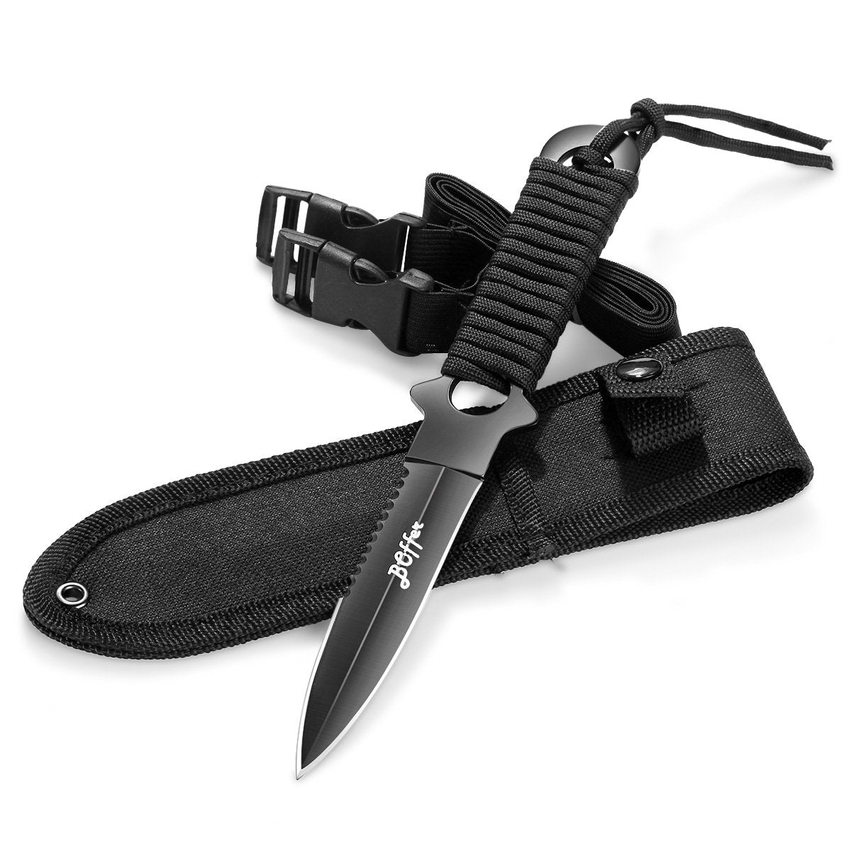 BOffer Dive Knife, Scuba Diving Knife with Sheath and Leg Strap, Black Tip Dive knife Double Edge with Nylon, ABS Sheaths and 2 Pairs Strap for Leg and Arm, Divers Sharp knives