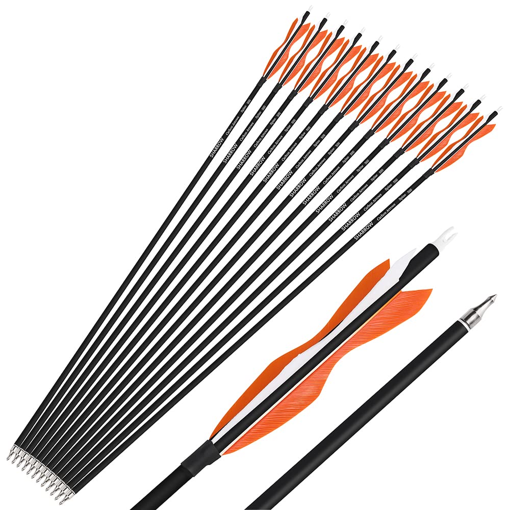 wolfman 31" Carbon Arrows Archery Hunting Arrows Targeting Practice Arrows with 5" Turkey Feathers Spine 500 for Recurve Bow and Compound Bow 6/12pcs (Orange, 12pcs)