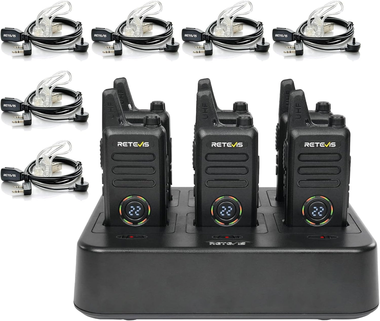 Retevis RT22S Rechargeable Long Range Walkie Talkies - 2 Way Radios with Earpiece & Mic Set | 6 Pack with Multi Gang Charger