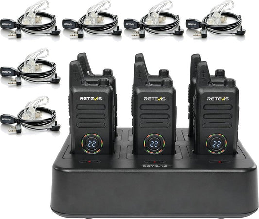 Retevis RT22S Rechargeable Long Range Walkie Talkies - 2 Way Radios with Earpiece & Mic Set | 6 Pack with Multi Gang Charger