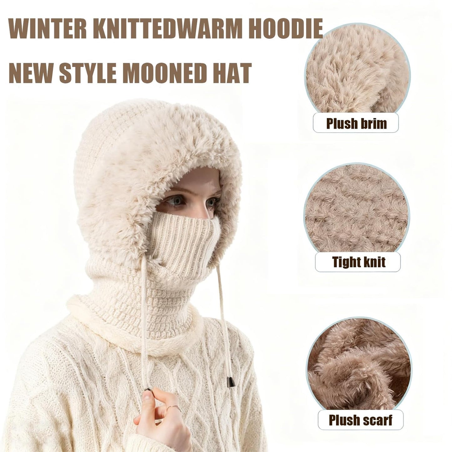 3 in 1 Beanie Hat with Scarf and Mask, Womens Balaclava Winter, Warm Knitted BeanieHat Fleece Scarf Mask Beige(Black)