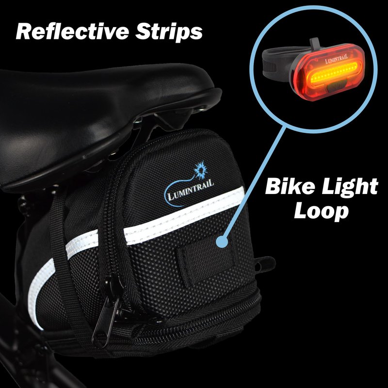 Lumintrail Bike Seat Bag, Bicycle Saddle Bag for Mountain Road Bikes, Expandable Storage Under Seat Bike Bag, Reflective Material with Bike Light Loop, Black, Large