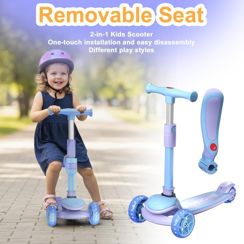 091G-Z Blue Kick Scooter for Kids Ages 3-14, 3-Wheel Foldable Scooter with Adjustable Height Handlebars, LED Light-Up PU Wheels, Wide Anti-Slip Deck,Lean-to-Steer, Removable Seat, Gift for Children