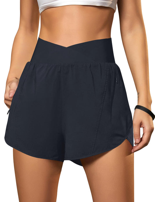 Blooming Jelly Women's Workout Shorts Athletic Running Shorts Elastic High Waisted Tummy Control Shorts with Zipper Pockets 2.5" (Dark Blue,Medium)