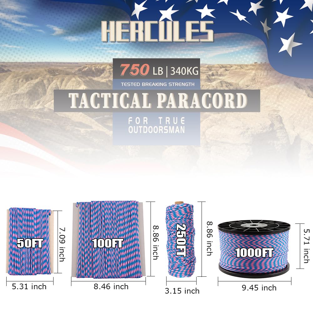 HERCULES 750lb Paracord 4mm 11 Strands Tactical Parachute Cord, 50' 100' 250' 1000' Utility Rope for Camping, Survival, Outdoor Gear (Pink Blue Plaid, 100FT)