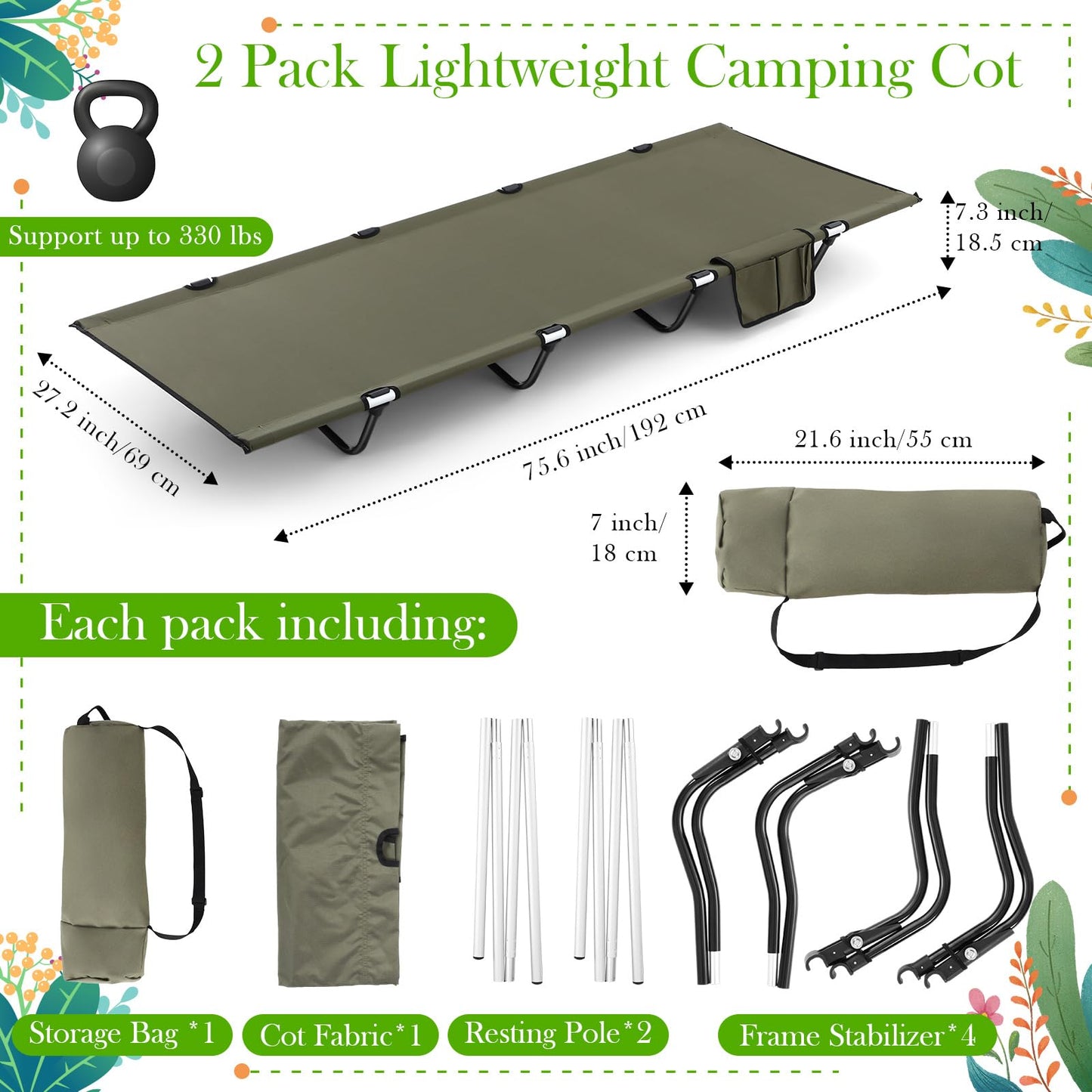 Suzile 2 Pack Lightweight Cots Backpacking Cot Supports 330 Lbs Sleeping Cots for Adults Easy Assemble Portable Folding Cot with Carry Bag Military Compact Cots for Camping Travel Hiking（Army Green）