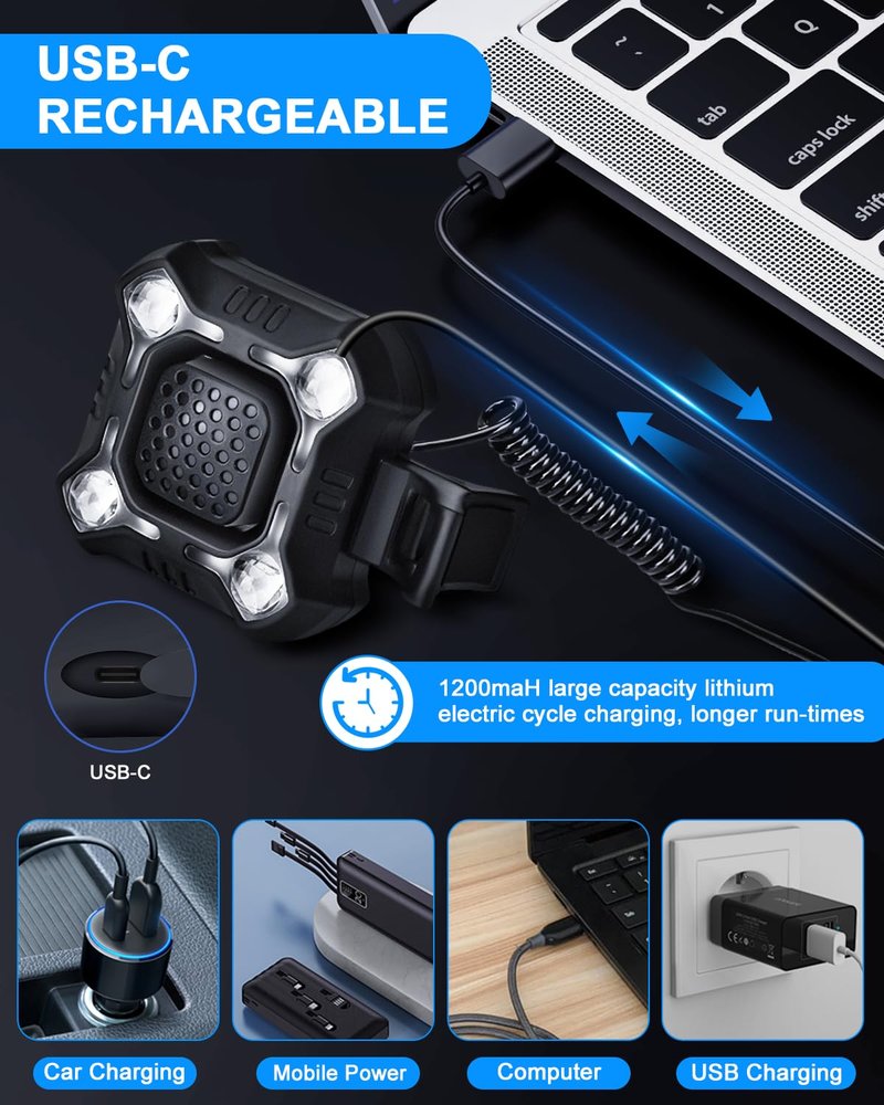 EQIIO 2-in-1 Bike Electric Horn with Headlight, 118dB Loud Bicycle Bell, 3 Light Modes, USB-C Rechargeable, IP65 Waterproof, DIY Customizable Ringtone Bike Bell for Mountain/Road Bike,Scooter,E-Bike