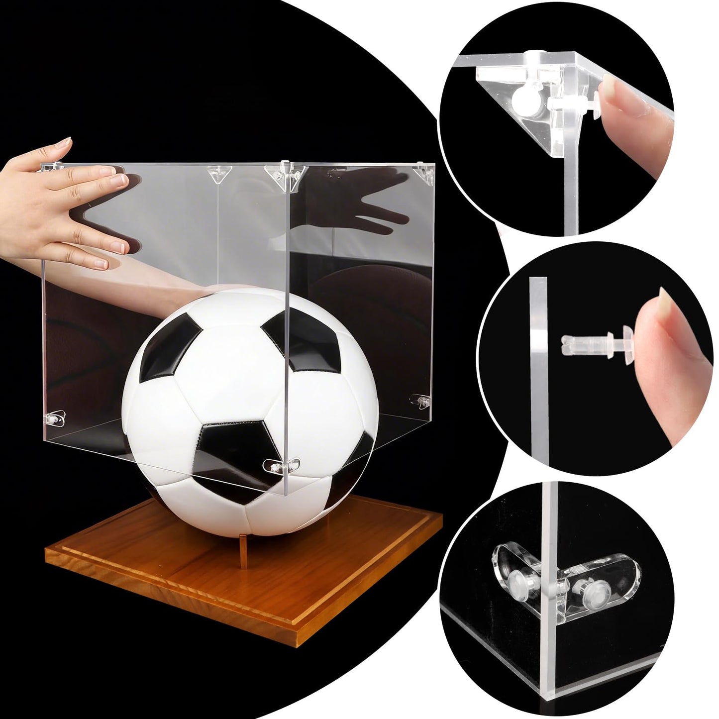 Clear Acrylic Soccer Ball Display Case with Wood Base & Tee, Memorabilia Stand Cube Holder, Dust Protection Transparent Storage Box for Single Ball Souvenir Soccer Ball Collections