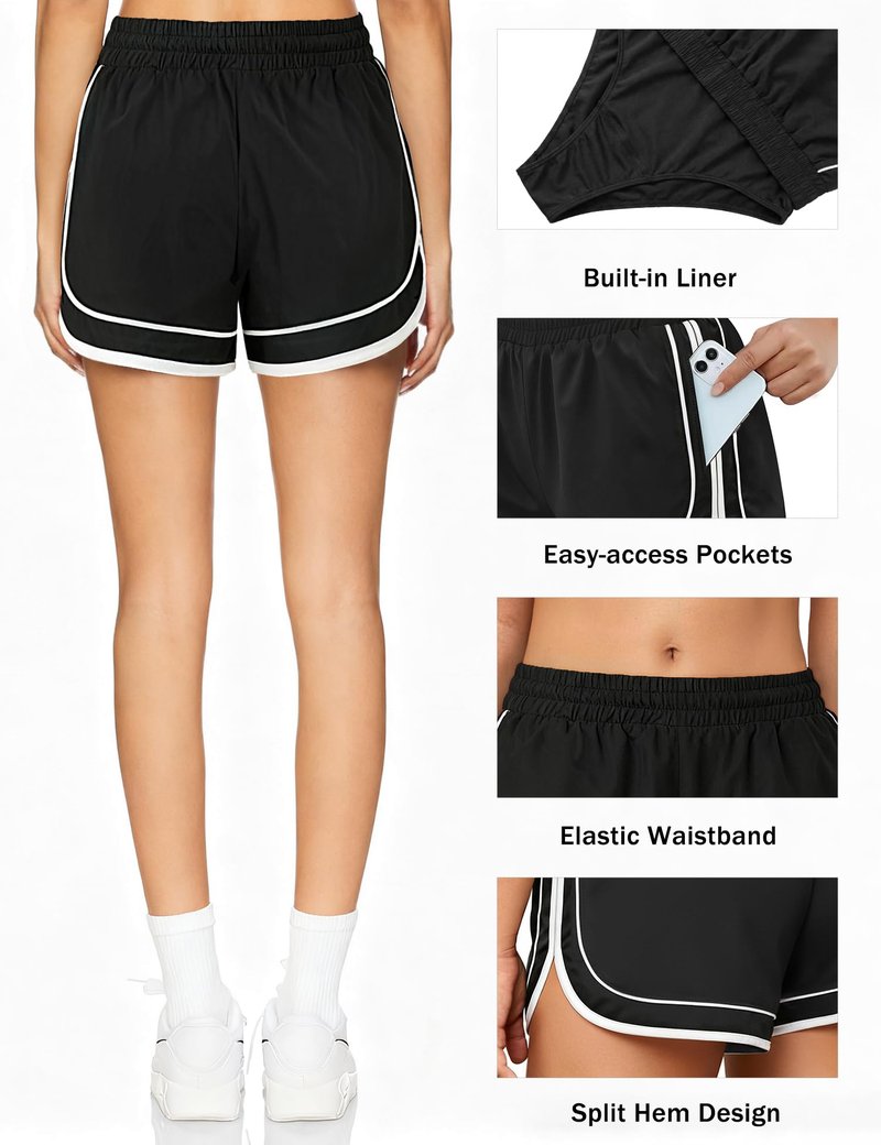 Chunpin Women's Athletic Shorts Waterproof Running Shorts Quick Dry Sporty Shorts Gym Workout Shorts with Pockets Black M