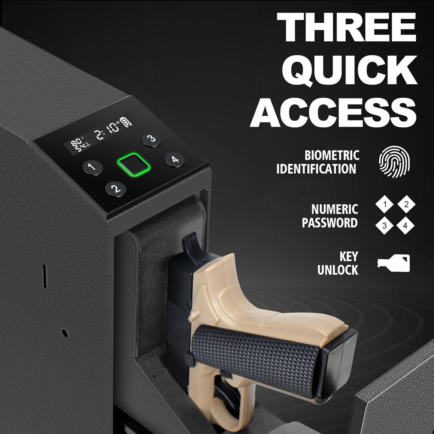 Biometric Handgun Safe - LCD Screen for Temperature, Humidity & Time | Nightstand, Desk, Wall, Truck Use