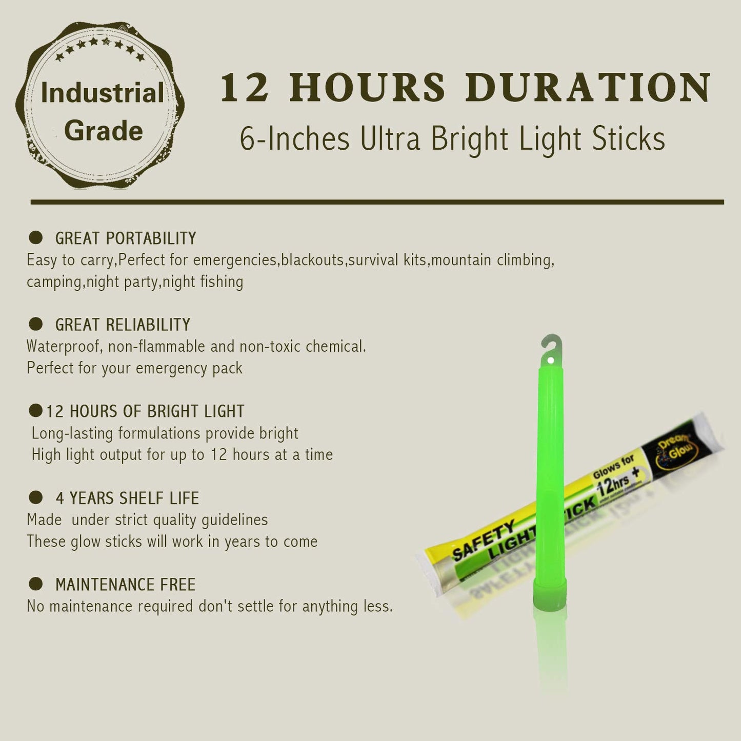 12 Industrial Grade Glow Sticks/ 6 inches Ultra Bright Light Sticks Emergency Light Sticks for Camping Accessories, Hurricane Supplies,Earthquake, Survival Kit and More - Lasts Over 12 Hours (Green)