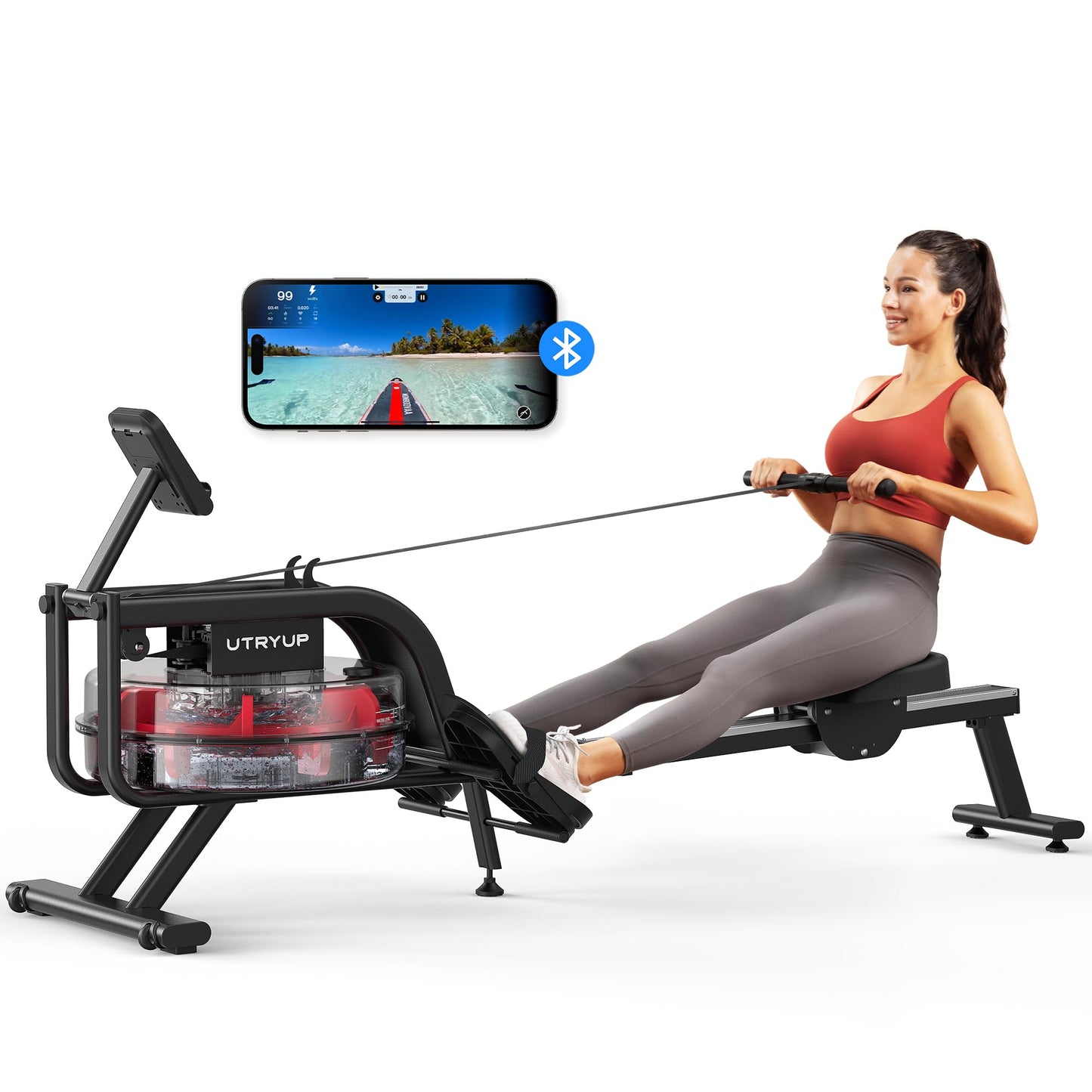 UTRYUP Water Rowing Machines for Home, Water Rower Machine with Bluetooth, App Supported, 15L Large Capacity and 12 Blades Enhance Resistance, Easy Assembly Equipped with Electric Water Pump