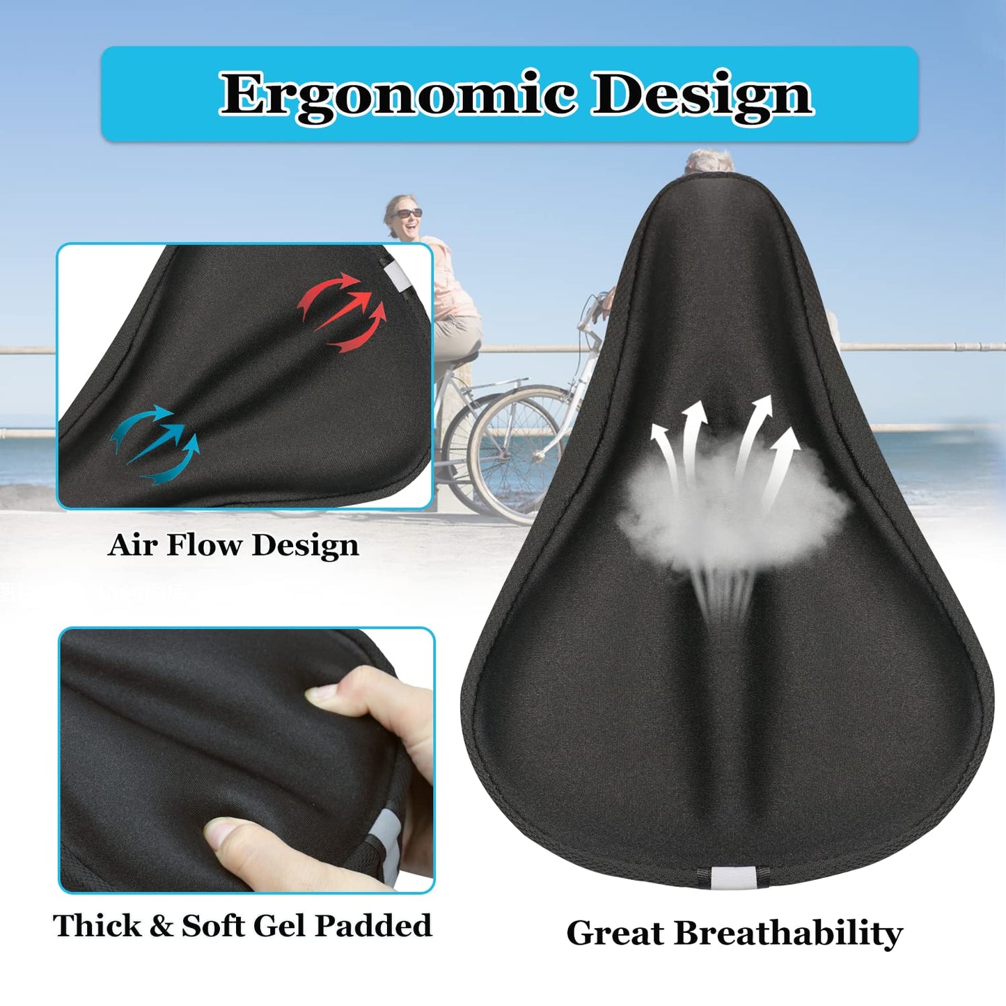 Geronmine Gel Bike Seat Cover Padded for Bicycle Saddle for Women & Men, Most Comfortable Seat Cushion Cover, Soft for Spin Indoor Outdoor Cycling Class Mountain Stationary Bikes
