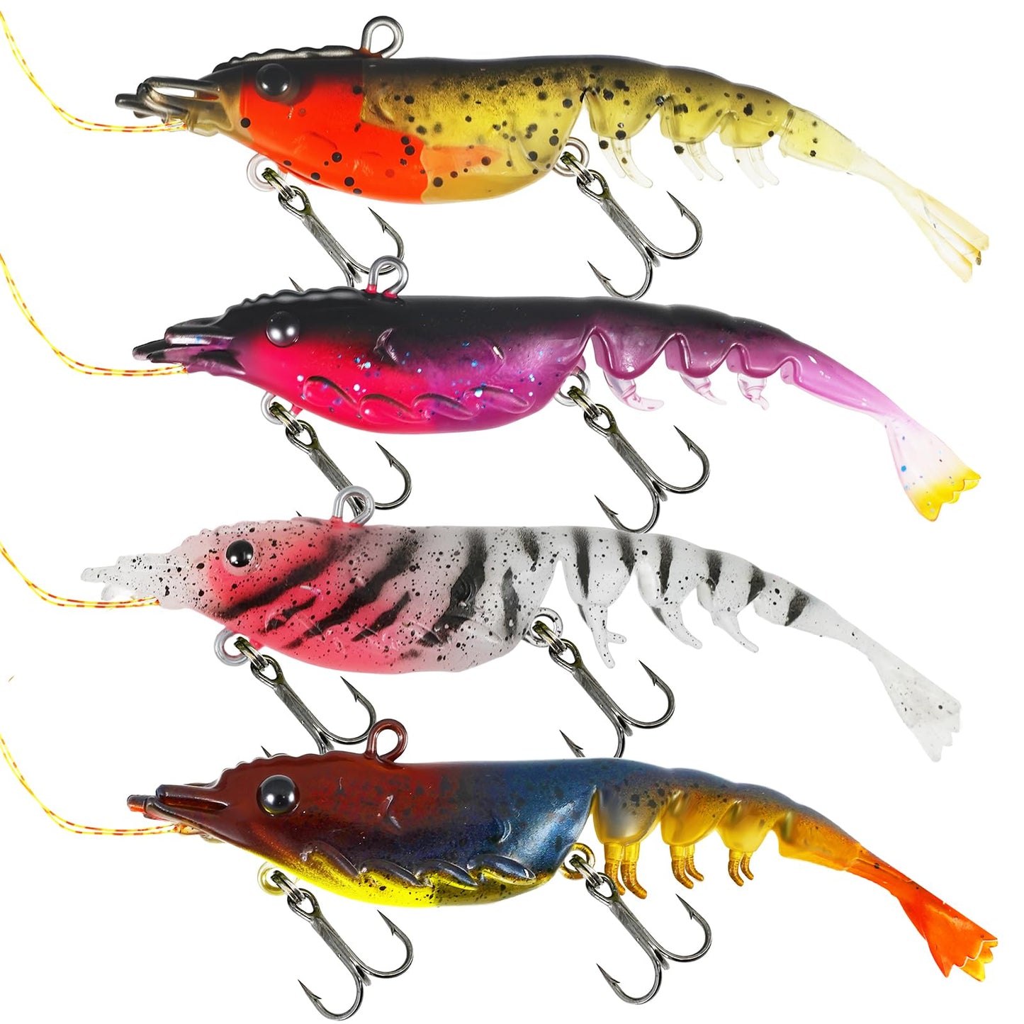 AQUAVEXIS 4pcs Fishing Lures Shrimps baits Pre-Rigged Fish Jigs - Soft Lure Bass Trout Lifelike Shrimp Crayfish Swimbait