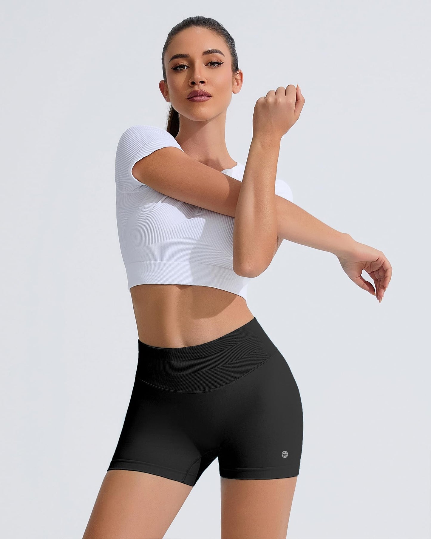 RIOJOY Womens Workout Shorts 4" Seamless High Waisted Scrunch Sports Yoga Fitted Short Tummy Control Running Biker Athletic No Front Seam Pants Soft Lightweight Booty Leggings Black L