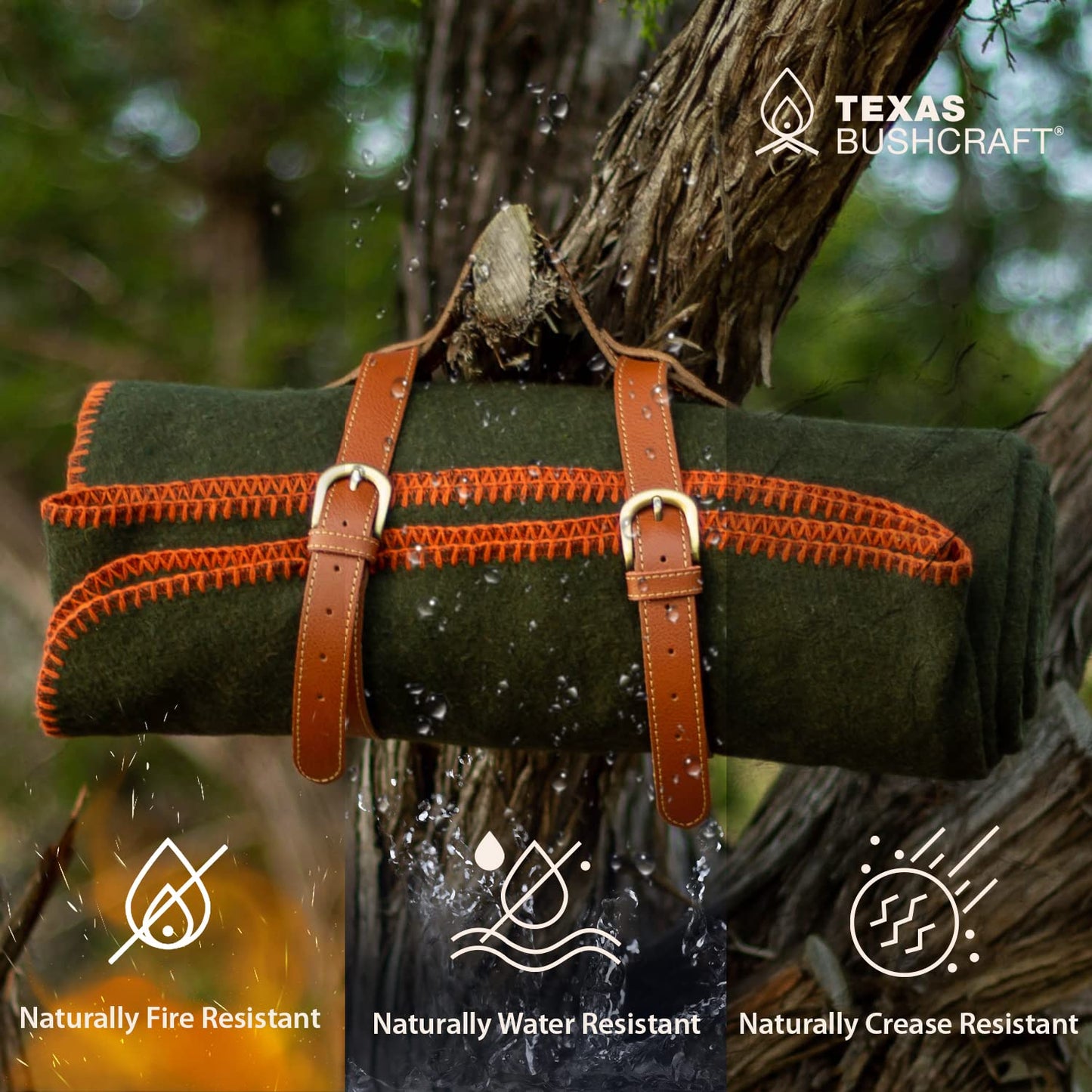 Texas Bushcraft Merino Wool Blanket for Camping Hiking and Backpacking – Water and Fire Resistant Camp Blanket Car Blanket is Fast-Warming and Durable with Double-Stitched Edging (66” x 90”)