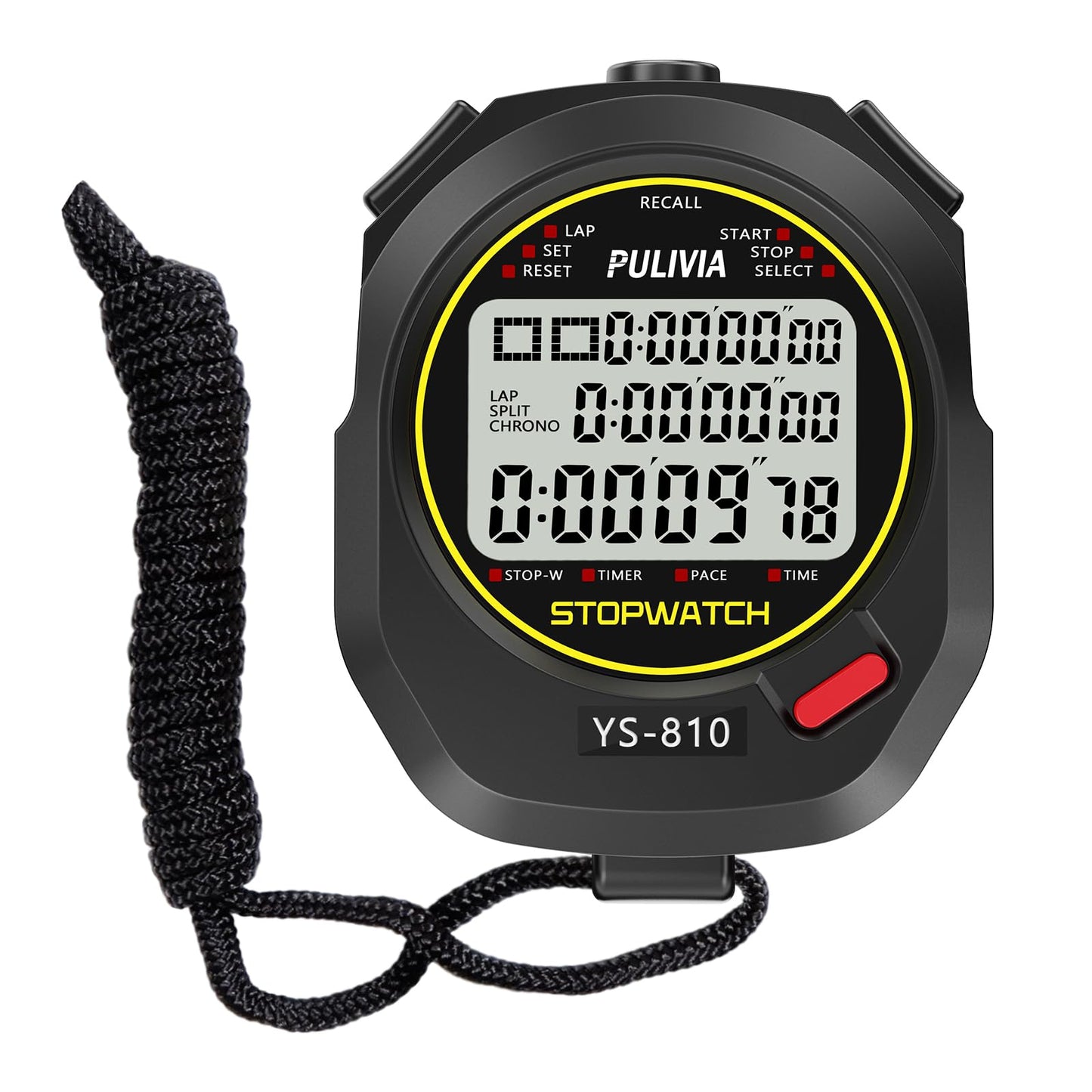 PULIVIA Stopwatch Timer 10 Splits/Laps Digital Stop Watch for Sports, Countdown Alarm Clock Date Memory Recall Large Display, Stopwatch for Coaches PE-Teacher Referee (Black, 10 Splits/laps)