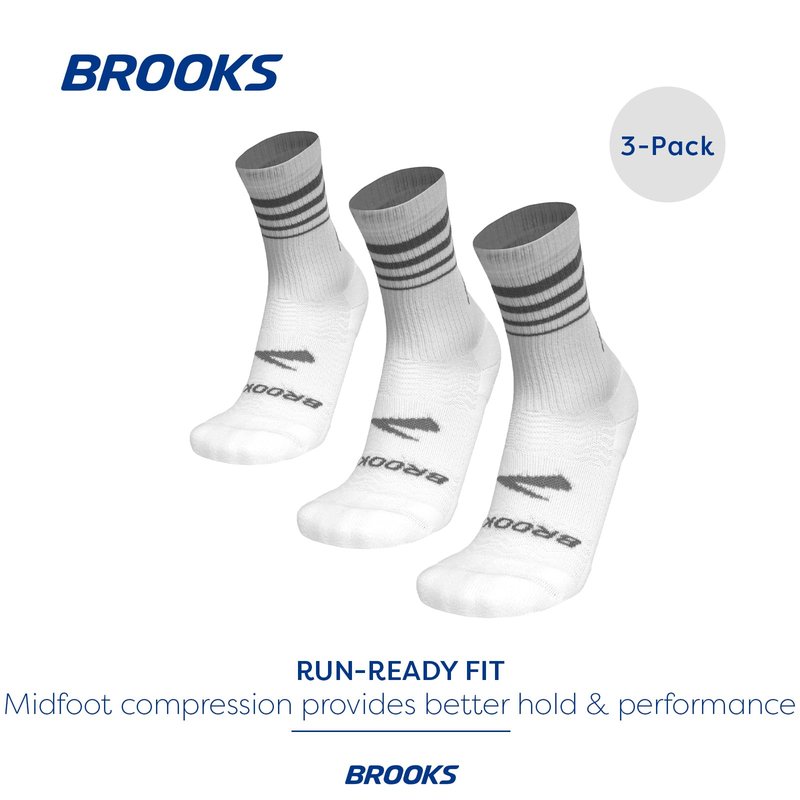 Brooks Run-In Crew 3 Pack Socks, Performance Athletic Running Crew Socks with Comfort Fit for Men & Women (3-Pack) - White - Medium