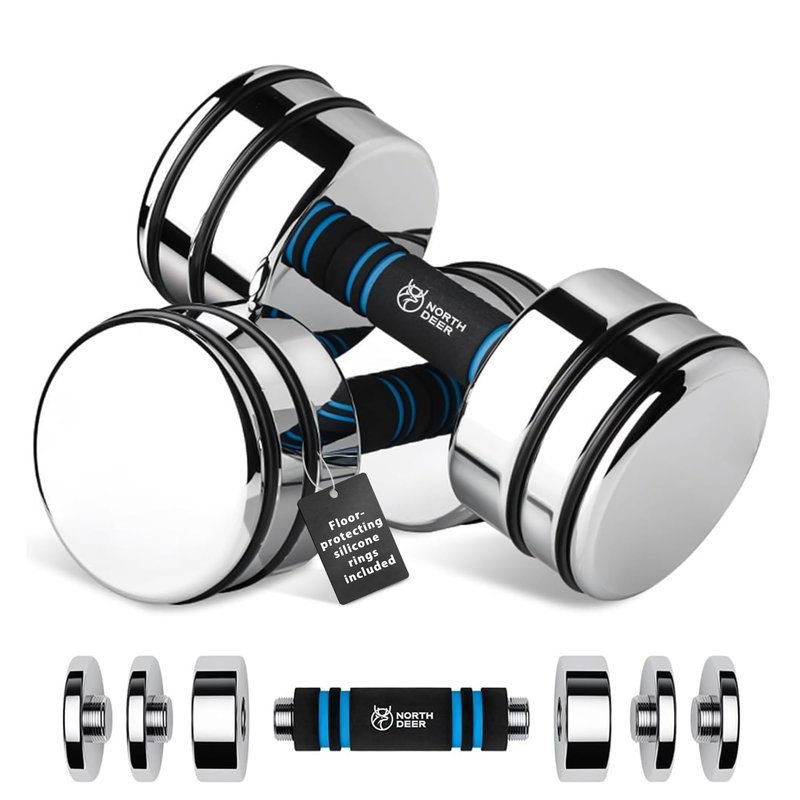 Adjustable Dumbbell Set 10lb Pair (5lb/7lb/8lb/10lb) Set of 2 Steel Dumbbells Chrome Weights with Foam Handles Home Gym Workout (Standard-Finish 10lb×2)