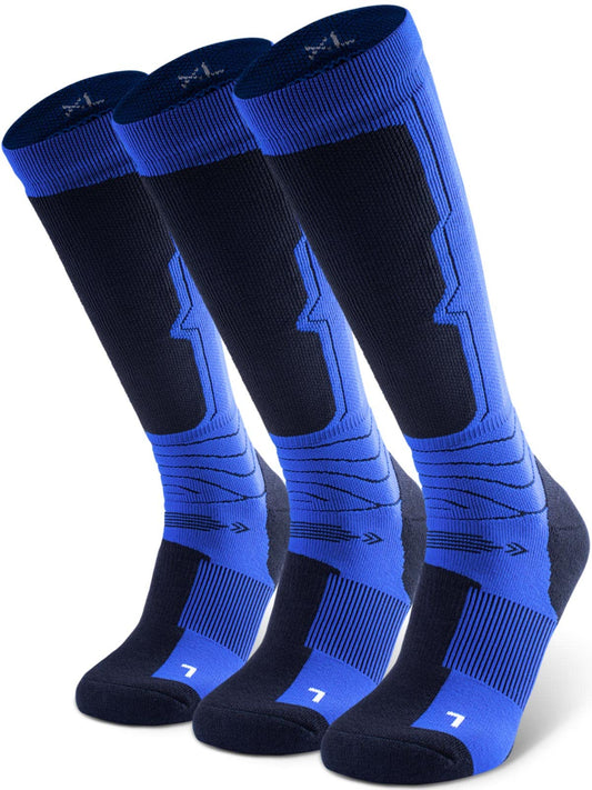 SHESMILED Merino Wool Ski Socks 3-Pack for Skiing, Snowboarding, Winter Thermal, Cold Weather Outdoor Sports Toe Warm, Knee High for Snow Boots, Cozy Cushion, Shin Padded, Large, Blue