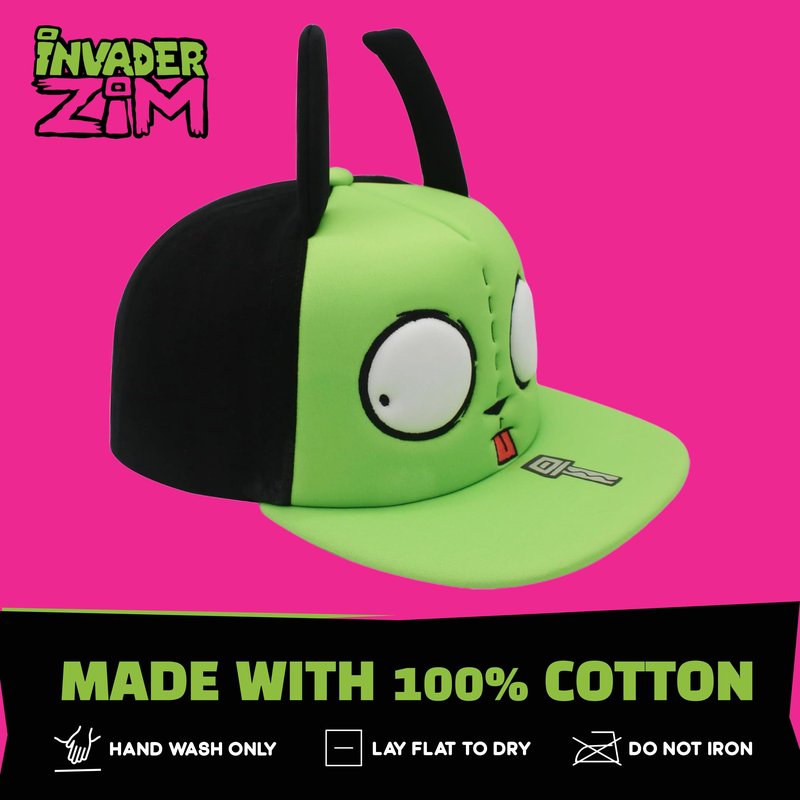 Invader Zim Baseball Cap, Gir Adult Snapback Hat with Flat Brim and 3D Ears and Eyes, Multi, One Size