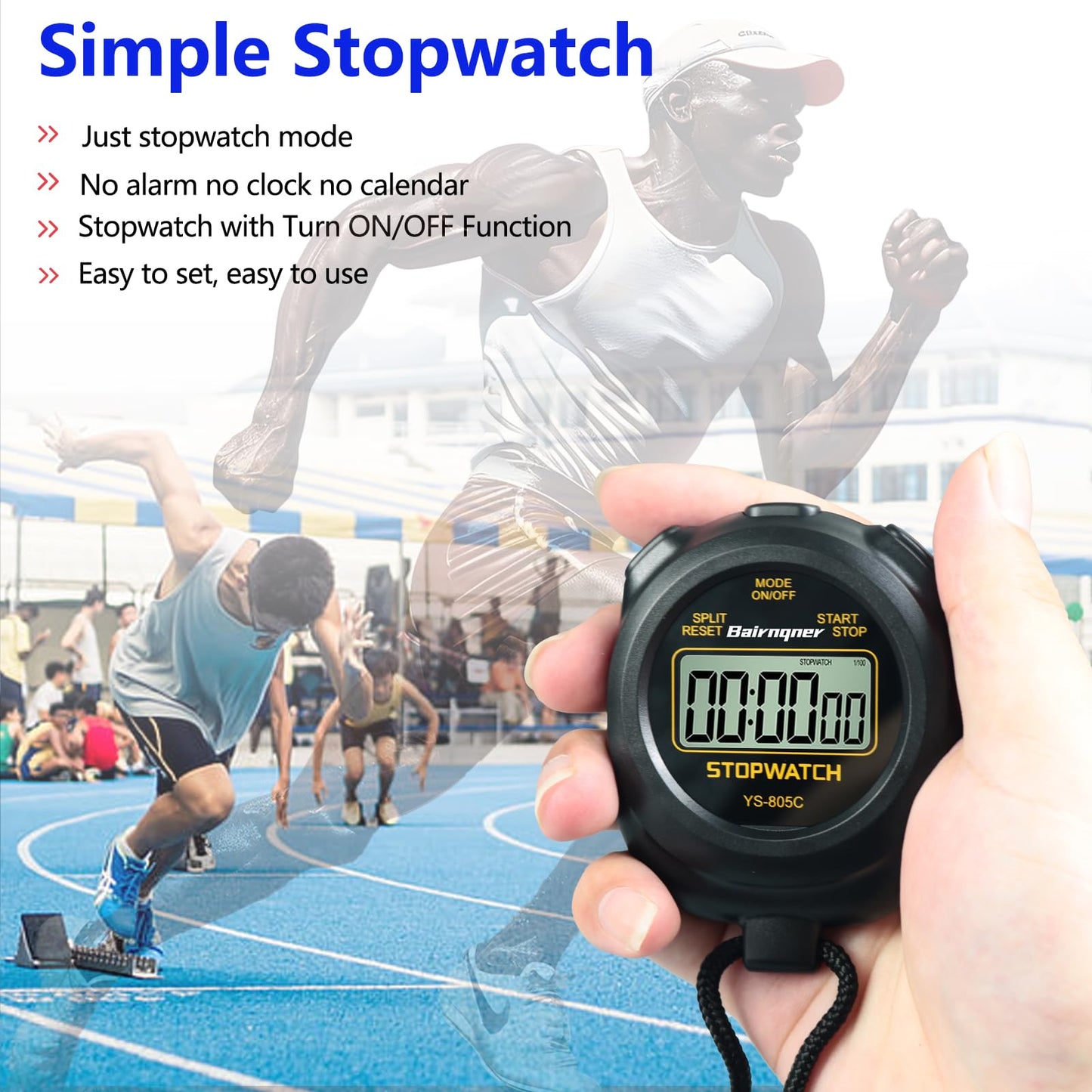 Bairnqner Stopwatch Timer with Countdown, ON/Off Simple Operation No Clock No Date, Digital Stop Watch for Sports, Black