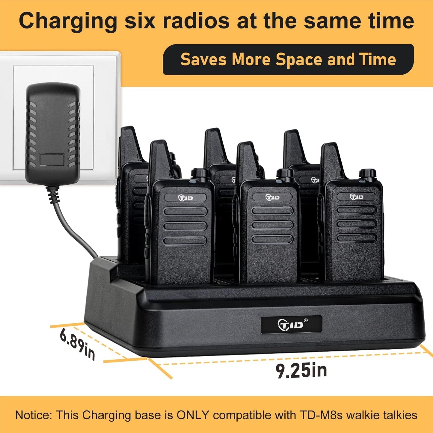 TIDRADIO TD-M8s Walkie Talkies for Adults with Earpiece (8 Pack) Long Range Two Way Radio with 6 Way Multi Gang Charger and USB Charger for Warehouse Business Church and Retail
