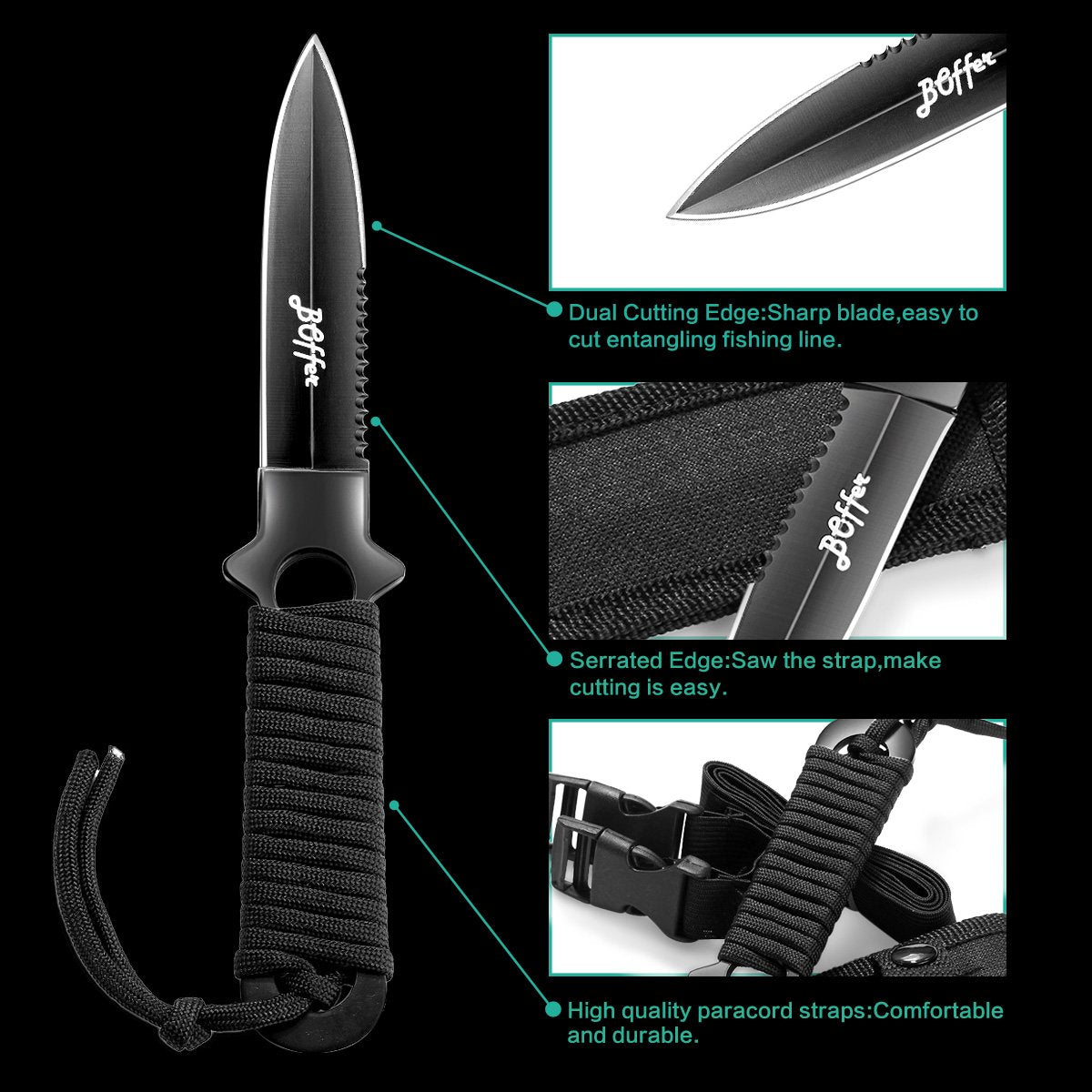 BOffer Dive Knife, Scuba Diving Knife with Sheath and Leg Strap, Black Tip Dive knife Double Edge with Nylon, ABS Sheaths and 2 Pairs Strap for Leg and Arm, Divers Sharp knives