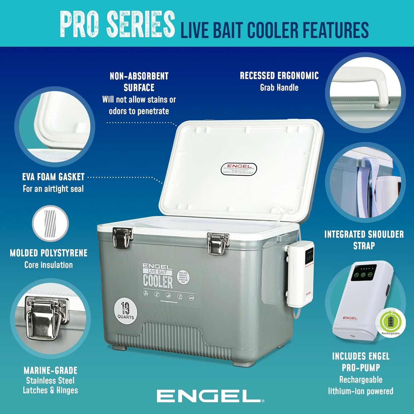ENGEL Live Bait Cooler PRO - Portable Fishing Minnow Bucket with Rechargeable Aerator | 30 Quart Capacity