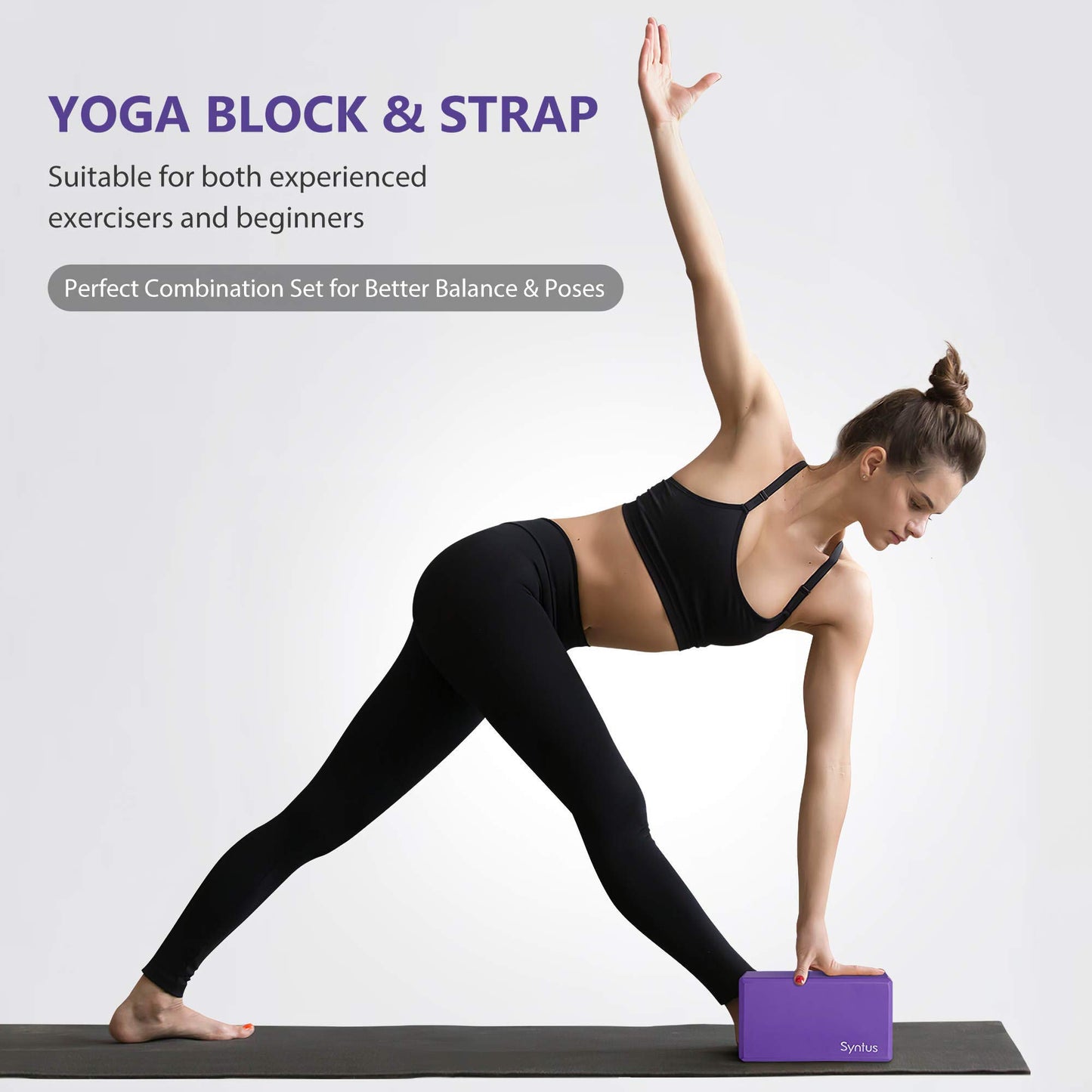 Syntus Yoga Block and Yoga Strap Set, 2 EVA Foam Soft Non-Slip Yoga Blocks 9×6×4 inches, 8FT Metal D-Ring Strap for Yoga, General Fitness, Pilates, Stretching and Toning, Purple