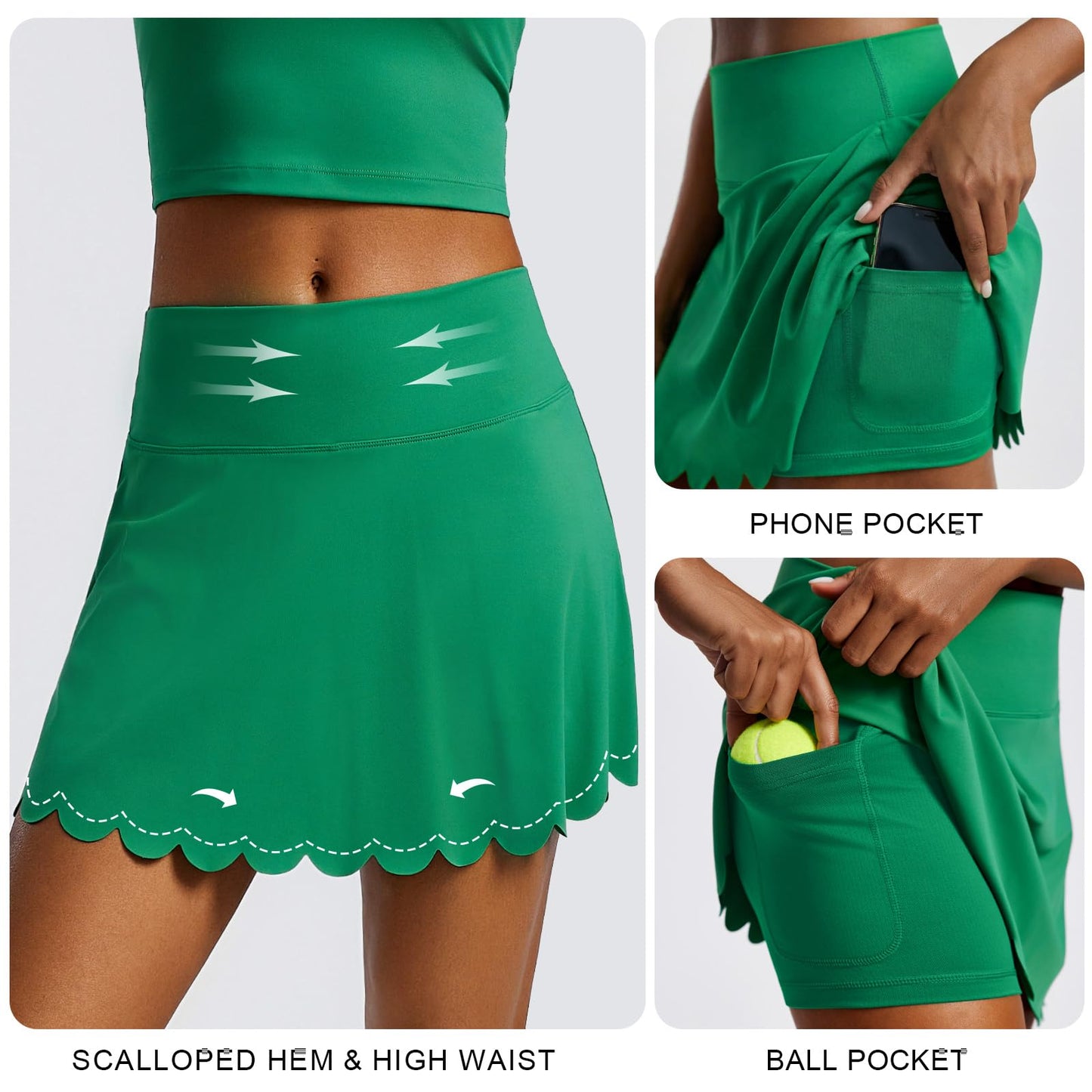 PINSPARK Skorts for Woman High Waisted Tennis Skirt Built in Shorts with 2 Pockets Quick Dry Golf Skort Stretchy Athletic Skirts for Pickleball Workout, Green XS