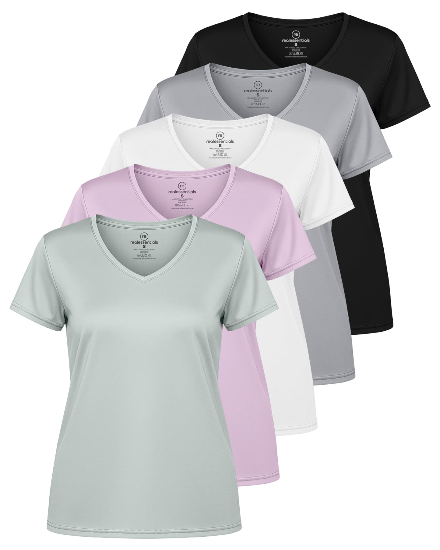 Real Essentials 5 Pack: Women's Dry-Fit Short Sleeve V Neck T Shirt Workout Fitness Yoga Top Tee, Set 9, M