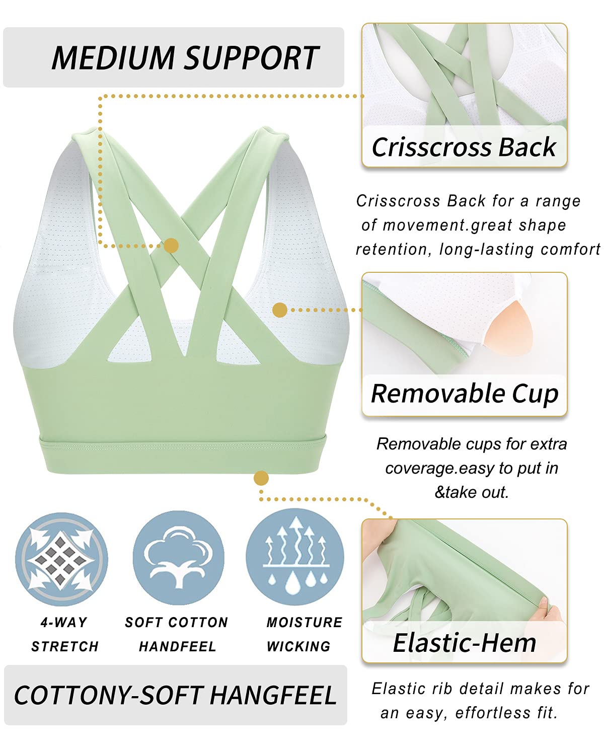 RUNNING GIRL Sports Bra for Women, Criss-Cross Back Padded Strappy Sports Bras Medium Support Yoga Bra with Removable Cups(2575_Green_M)
