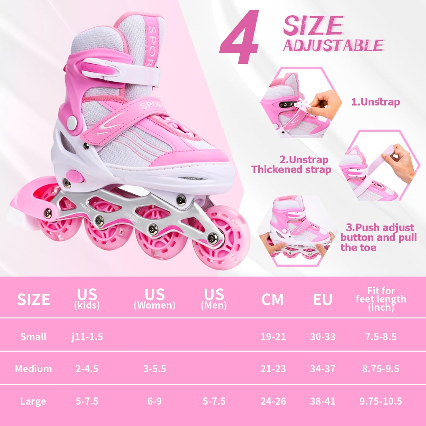 Kids Inline Skates for Girls Boys with All Wheels Illuminating, Adjuatable Mens and Womens Roller Skates Blades for Beginner in Outdoor and Indoor (Pink&White, Medium - Big Kids)