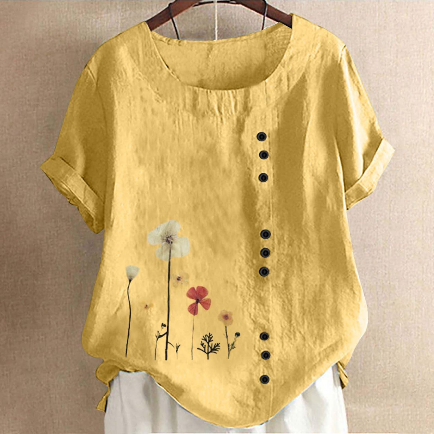 Plus Size Linen Tops for Women 2024 Summer Short Sleeve T-Shirts Button Shirts Boho Floral Print Casual Blouses