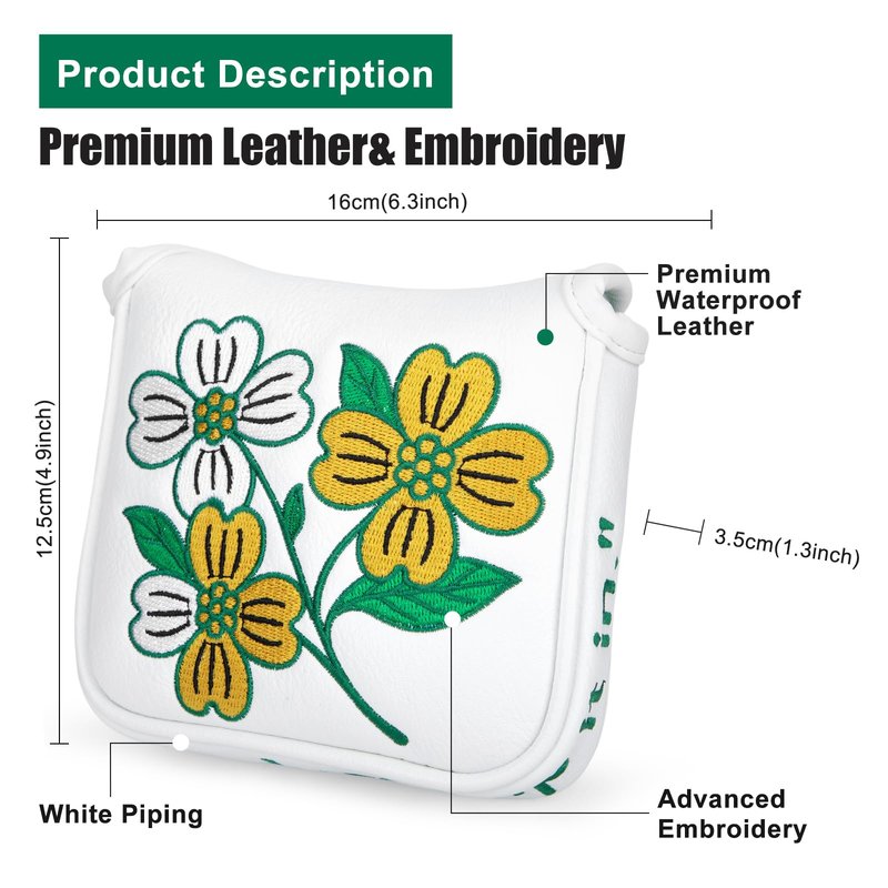 Golf Square Heel Shaft Mallet Putter Cover Headcover, Flower Magnetic Closure Elegant Embroidery Premium Leather Golf Mallet Putter Covers