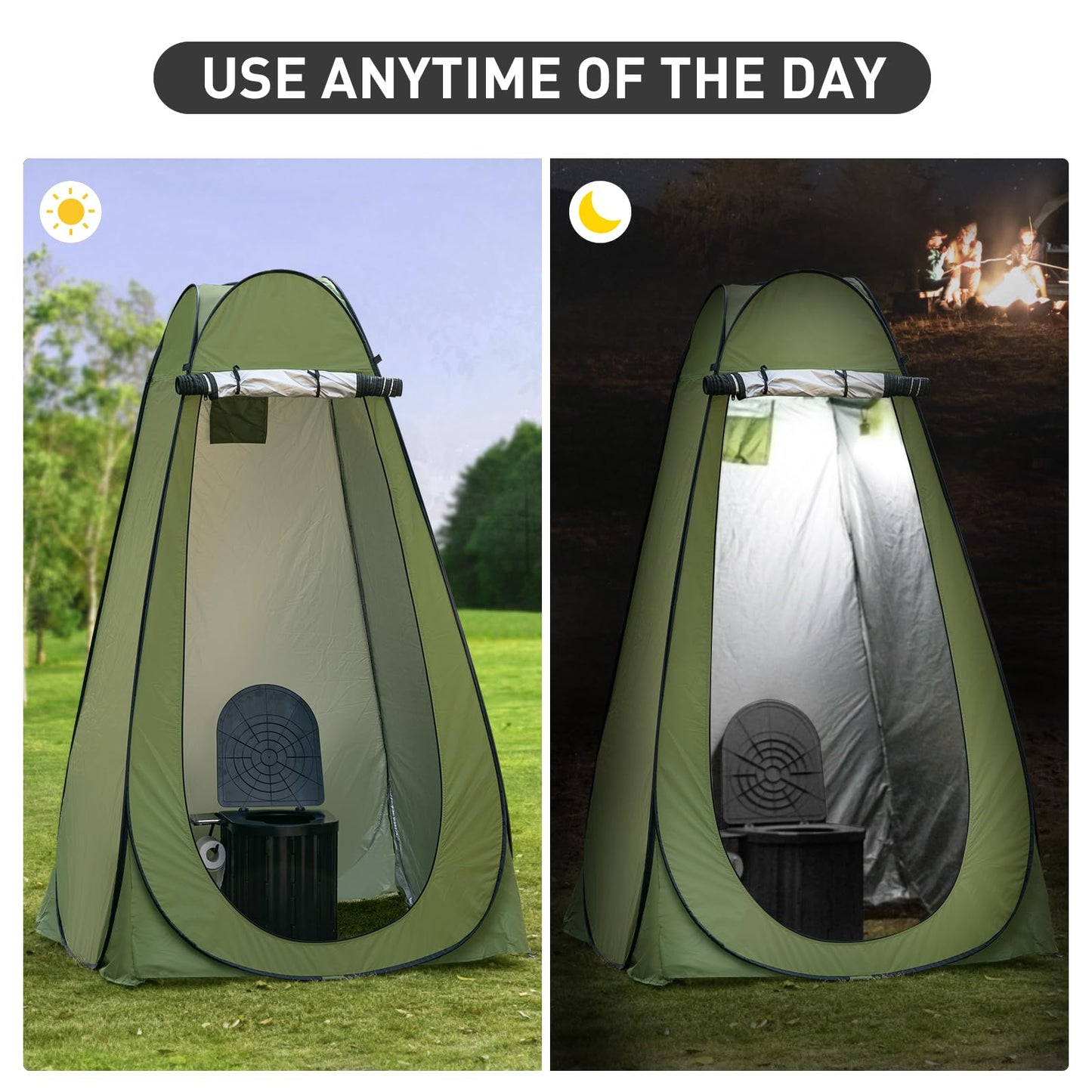 Thallike Portable Camping Toilet with Pop-Up Privacy Tent, 12-inch Toilet Seat, Outdoor Portable Folding Toilet Potty for Adults Load Capacity of 400 Lbs, LED-Light Camping Bathroom (Army Green)