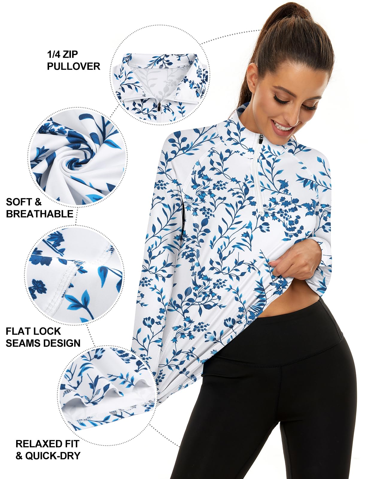 LURANEE Womens UPF 50+ Long Sleeve 1/4 Zip Pullover Athletic Hiking Running Workout Tops Blue Leaf L