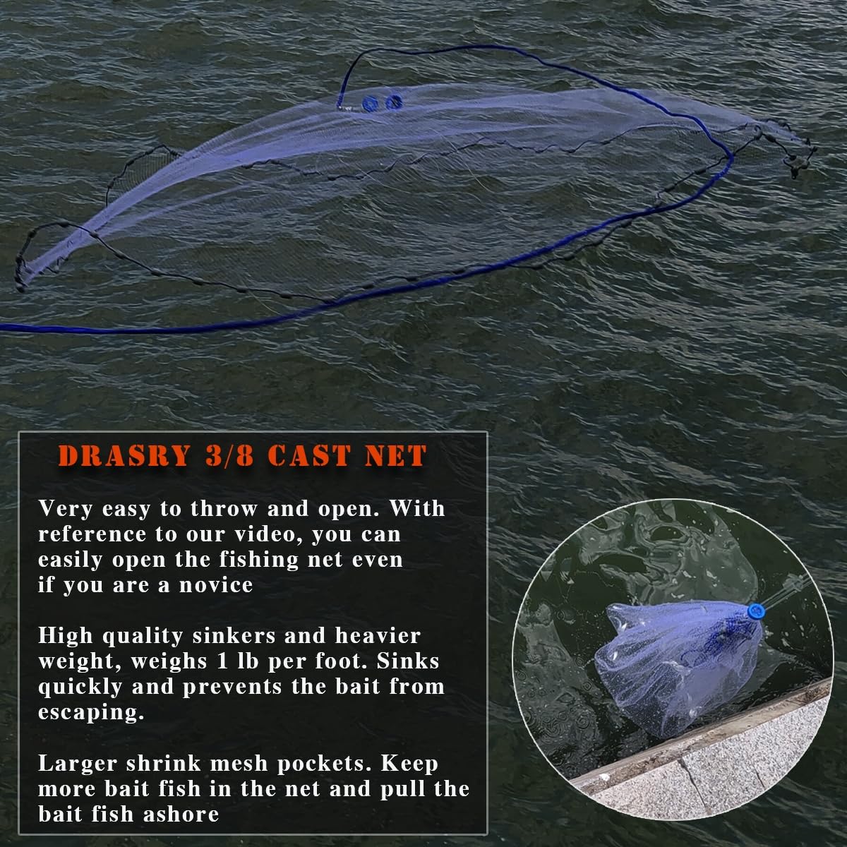 Drasry Saltwater Fishing Cast Net 3/8 and 1/4 Mesh with Heavy Duty Gray Sinker American Monofilament Fish Throw Net for Bait Trap 3FT 4FT 5FT 6FT 7FT 8FT 9FT Radius 3/8, 4FT Radius /120cm