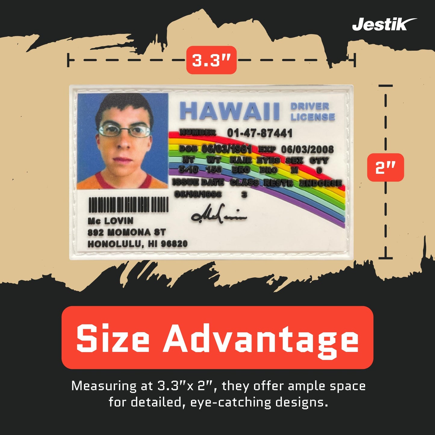 Jestik PVC Patch, Funny Patches, Humorous Tactical Morale Patch with Hook and Loop Fastener, Cute Patches for Backpacks, Military Uniforms, Jeans, Jackets, Vests, Hats & More - McLovin ID Superbad