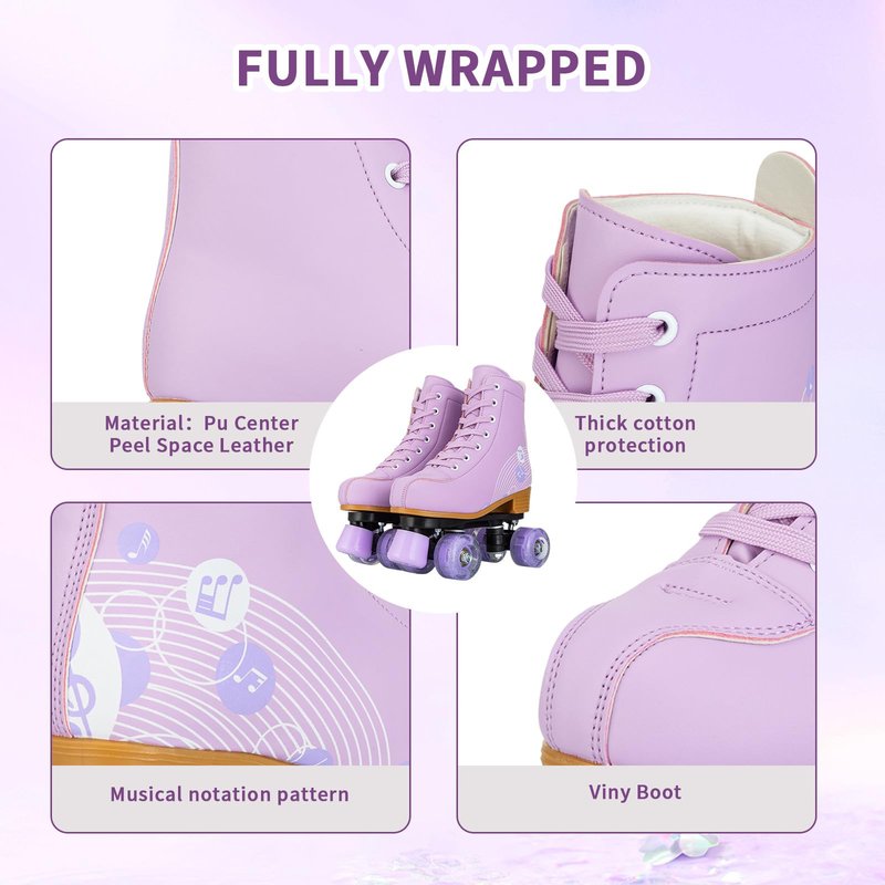 Jessie Roller Skates Women and Girl, PU Leather Light up Kids Roller Skates, Cute Adjustable Four-Wheel Beginner Wome Roller Skates Girls Ages 8-12 Outdoor (Women's 8.5,Purple Printing)