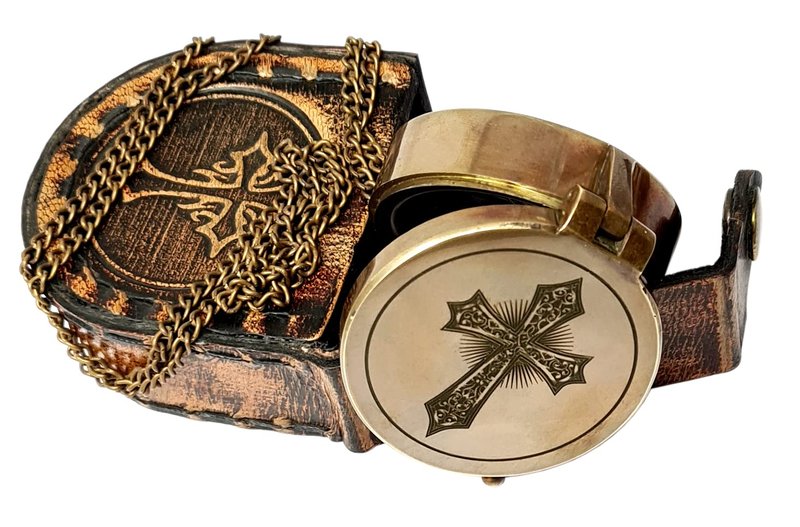 Brass Nautical - Engraved Brass Compass with Leather Case, Religious Scripture, Removable Chain - Confirmation, Graduation, Baptism Gift | Antique Décor Accent