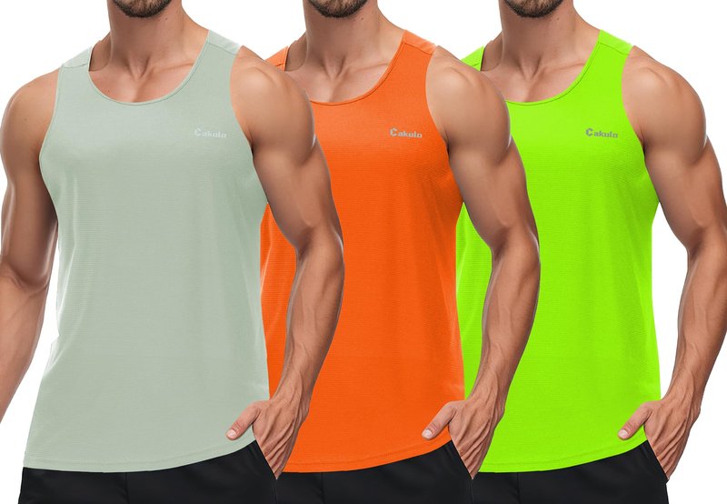 Cakulo Mens Tank Tops Big and Tall Swim Shirts Running Quick Dry Workout Sleeveless Summer Pack Grey/Neon Orange/Green 2XL