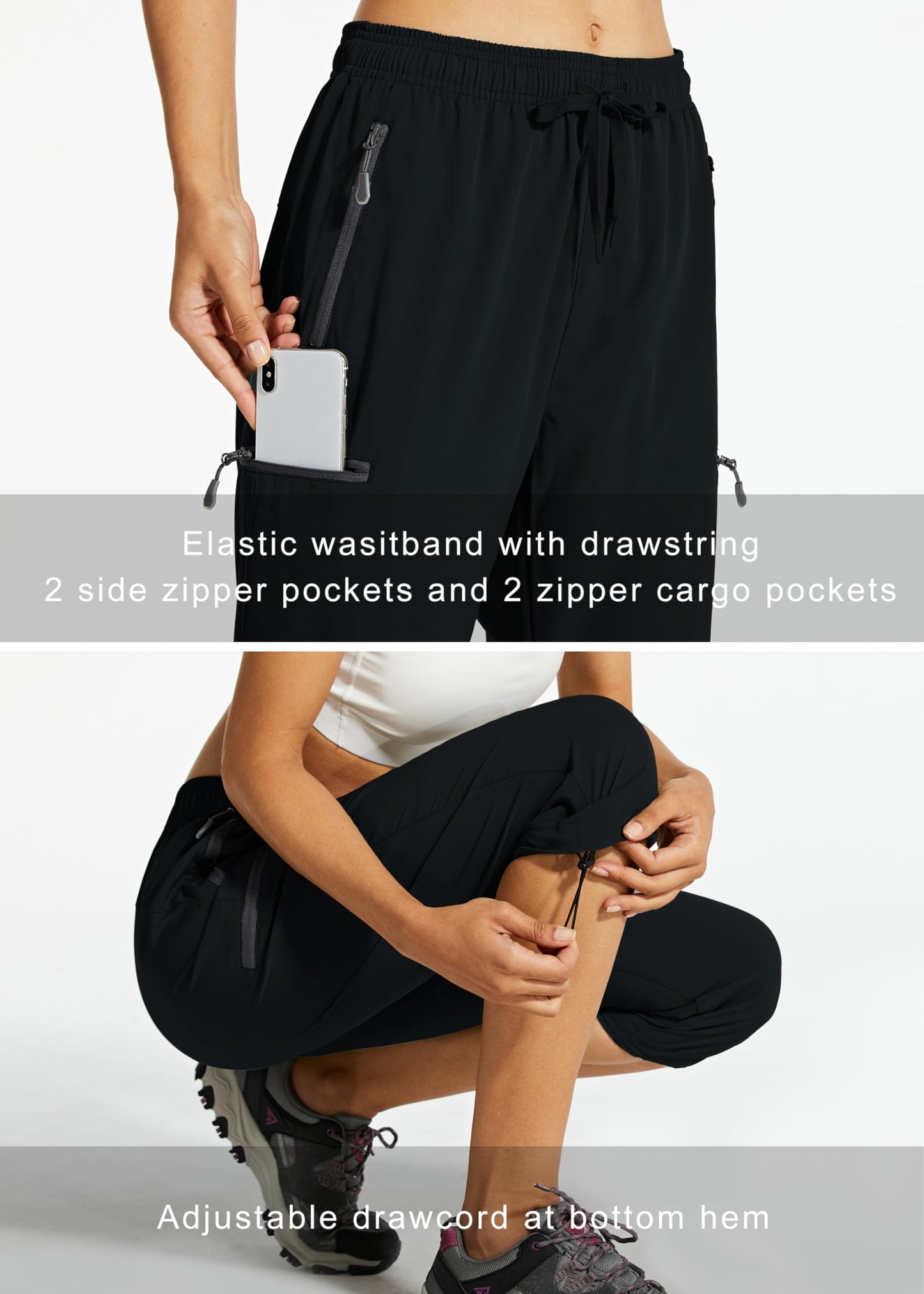 Libin Women's Capri Pants Lightweight Quick Dry Cargo Hiking Capris Travel Casual Cropped Pants Zipper Pockets, Black L
