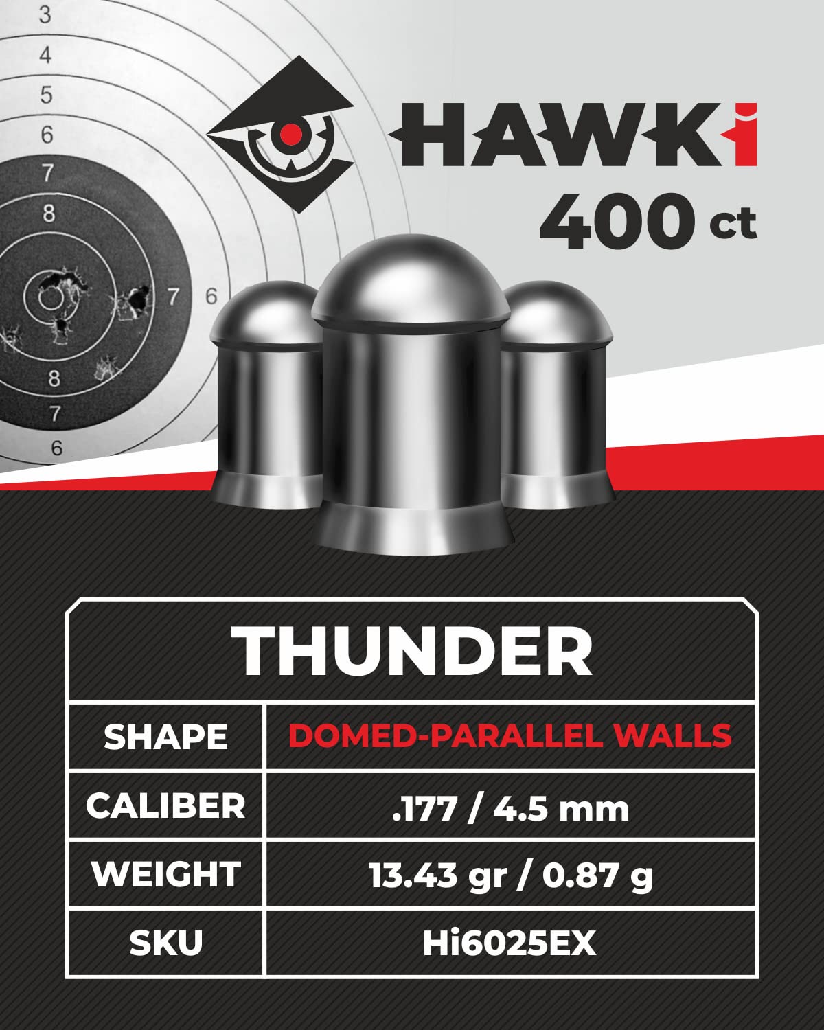 Hawki Airgun Pellets -.177/4.5mm Caliber (13.43 gr/0.87 g) 400 ct Hi6025EX Domed - Parallel Walls