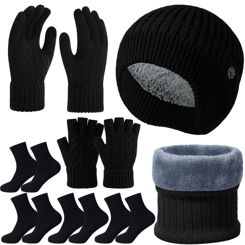 Chicingyou 8 Pcs Winter Warm Beanie Hat Scarf Glove Socks Set for Men Fleece Lining Thermal Knitted Earflap Cap Gift Outdoor(Black Gloves)