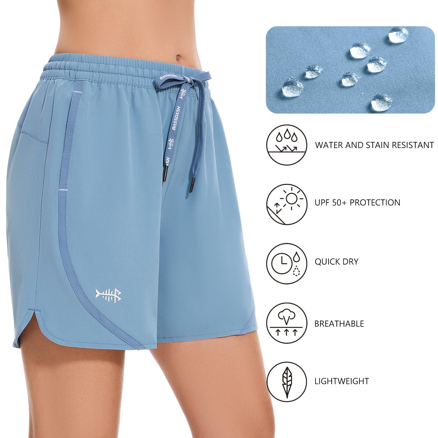 BASSDASH Women’s 5” Fishing Shorts UPF 50+ Water Resistant Quick Dry Athletic Hiking Shorts with Pockets FP05W