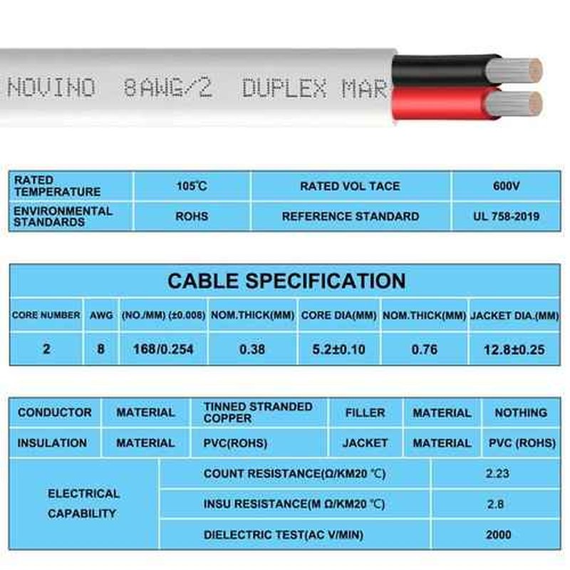 8 Gauge Marine Wire Duplex Marine Grade Wire,8 AWG 40ft Tinned Copper Heavy Duty Sheathed Cable for Boat/Automotive/RV/Camper/Trailer